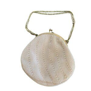 Vintage Ivory Beaded Purse with chain handle Made in Hong Kong
